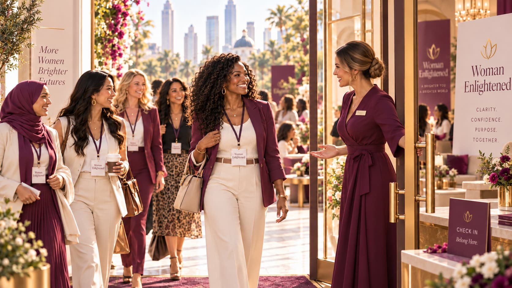 A Woman Enlightened greeter warmly holding the gold doors open and welcoming a diverse group of women inside